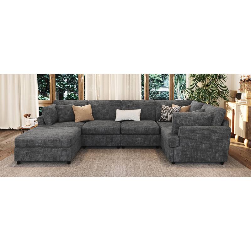 Roomfitters 127" U-Shaped Sectional Sofa, Modern Modular L-Shaped Couch with Movable Ottoman for Living Room, Grey