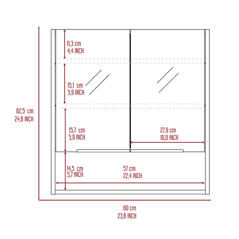 Mirror Cabinet - Double Doors, 3 Internal Shelves, 1 Open Shelf, Wall-Mounted Bathroom Storage