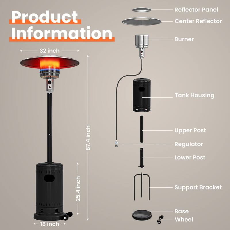PAMAPIC 48000 BTU Outdoor Propane Patio Heater w/Cover