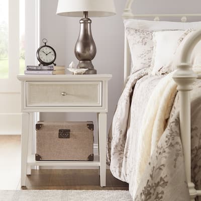 Thea White Finish Beige Linen Drawer Face 1 Drawer Nightstand by iNSPIRE Q Classic