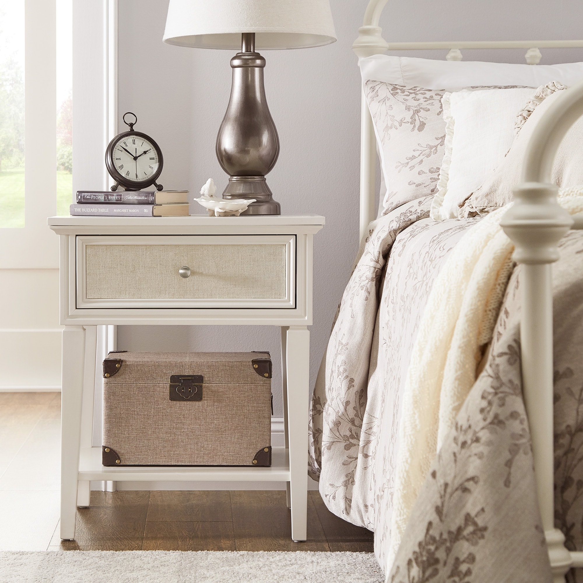 Thea White Finish Beige Linen Drawer Face 1 Drawer Nightstand by iNSPIRE Q Classic