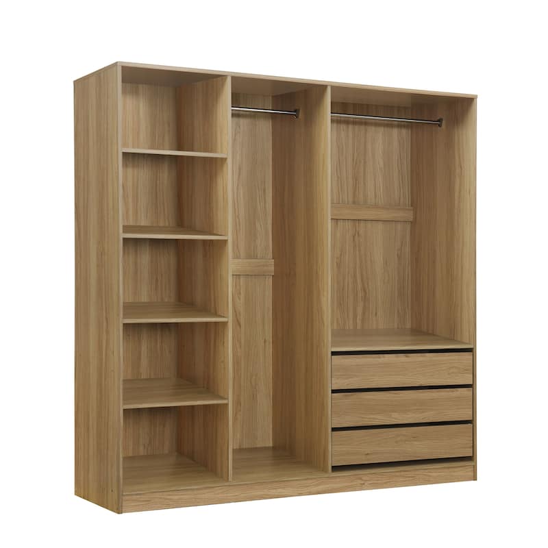 Open Armoire Wardrobe with 3 Drawers 67.70 Inch Freestanding Wardrobe with Clothes Rail Wooden Bedroom Storage Cabinet