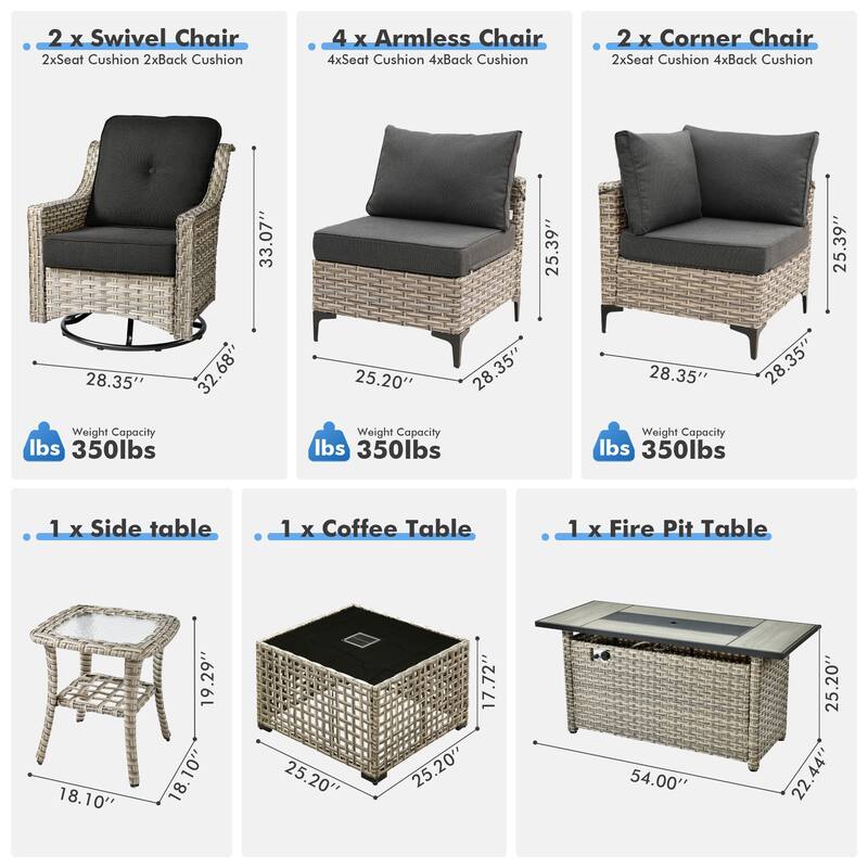 OVIOS 11-Piece Outdoor Wicker Swivel Chair Set With Solar-Powered Coffee Table&Fire Pit