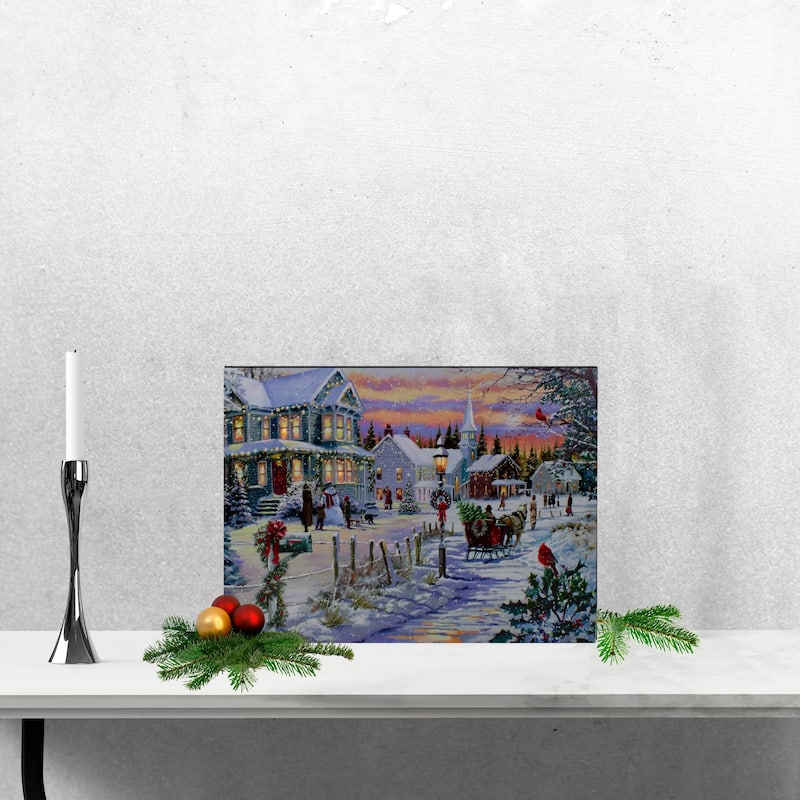LED Lighted Fiber Optic Snowy Christmas Village Canvas Wall Art 11.75" x 15.75"