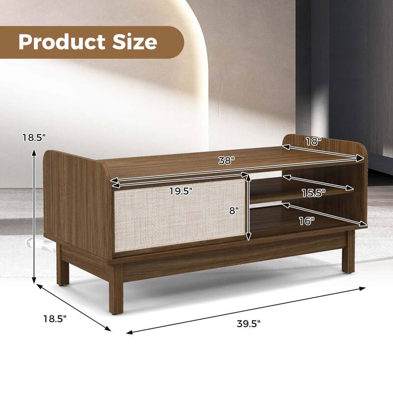 Costway Rectangular Coffee Table with Storage Weaving Sliding Door & - See Details