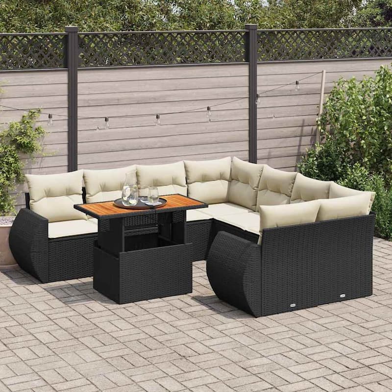 vidaXL Patio Sofa Set with Cushions Table and Lounge Sofas 9 Piece Poly Rattan - 21.7 x 39.4 x 28.7 - Black and cream with storage