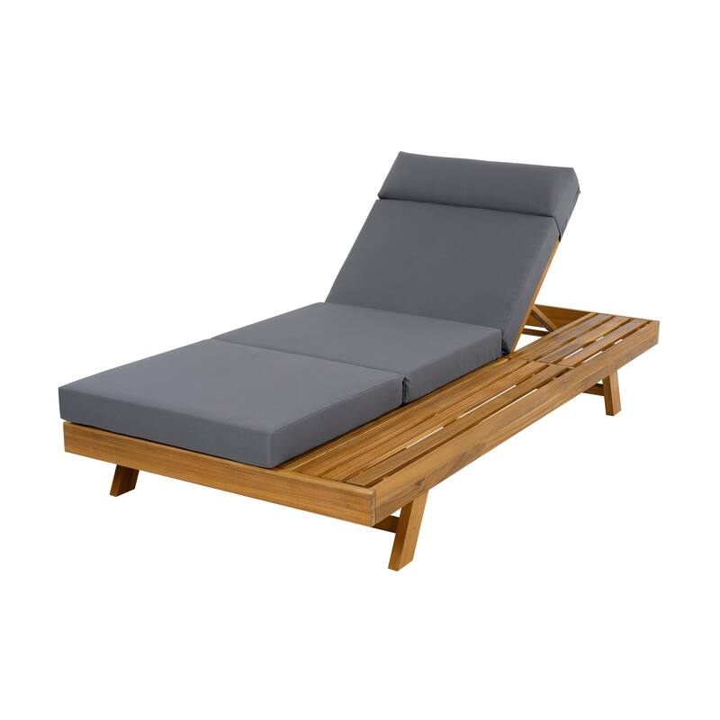 One-sided Open Storage Lounge Chairs Outdoor Patio Acacia Wood Chaise Lounge with Adjustable Backrest & Water-repellent Cushions