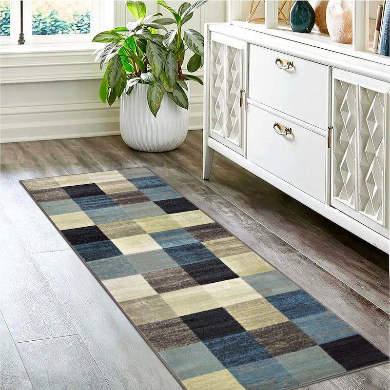 Contemporary Block Tile Indoor Area Rug or Runner by Superior - 2' 7" x 8' - Majolica Blue