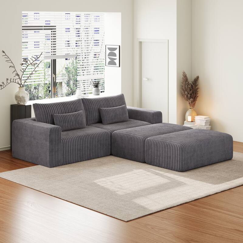 102" Corduroy Lounge Sectional Sofa with 2 Footstools