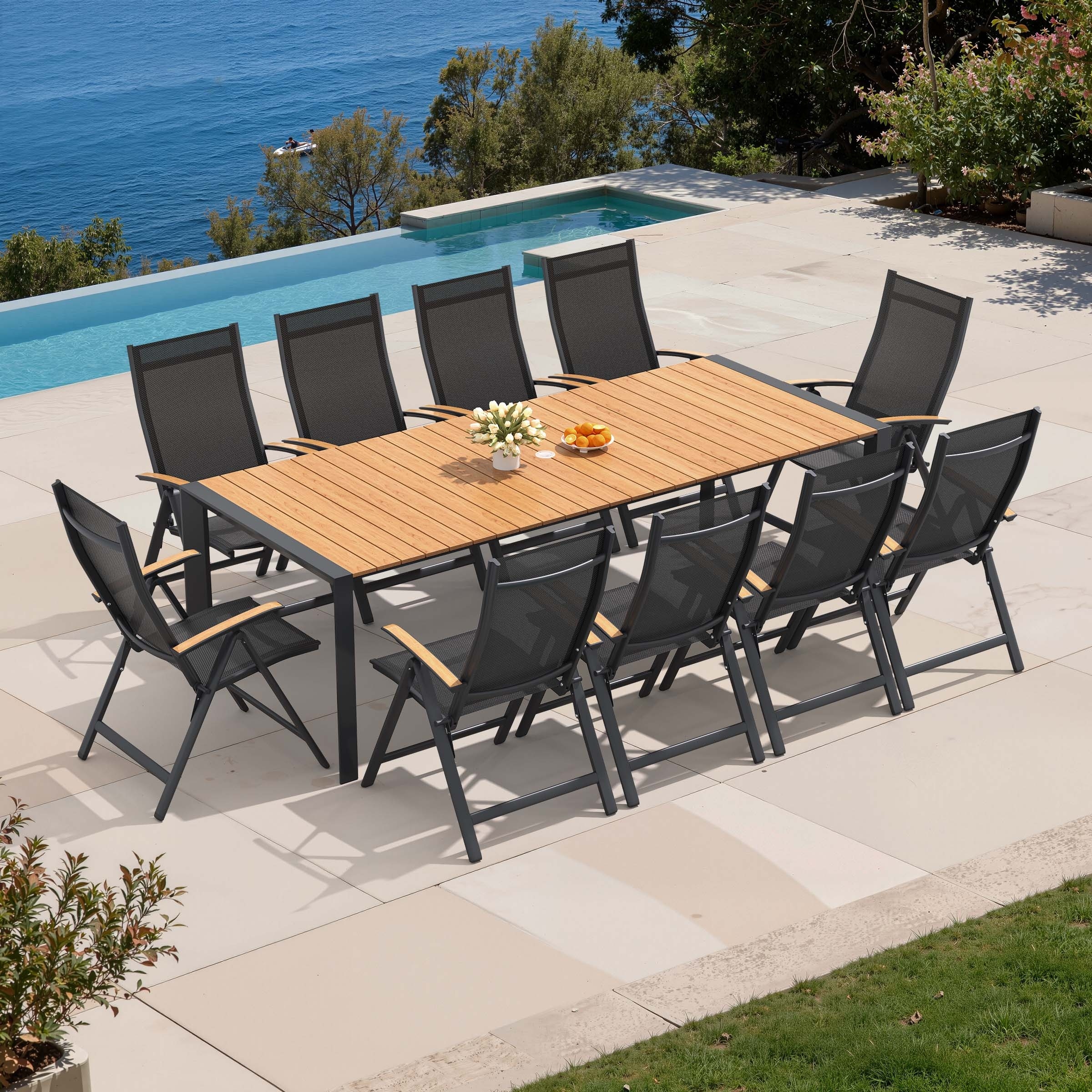 7/9/11-Piece Outdoor Patio Dining Set Aluminum Rectangular Dining Table and Adjustable Folding Chairs