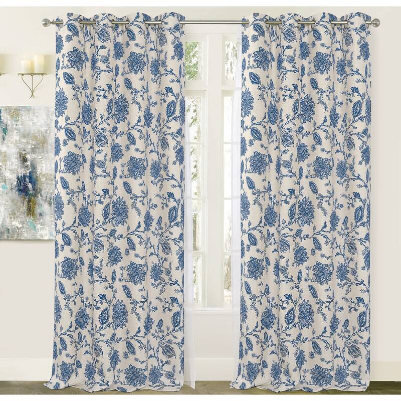 DriftAway Freda Jacobean Floral Linen Blend Lined Thermal Insulated Blackout Room Darkening Grommet Window Curtains - 52" Width X 84" Length - Blue/Beige