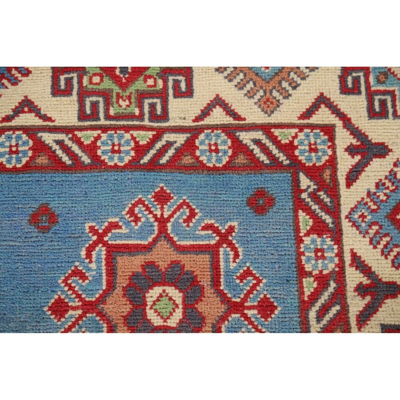 Blue Geometric Kazak Oriental Area Rug Handmade Wool Carpet - 4'10" x 6'7"