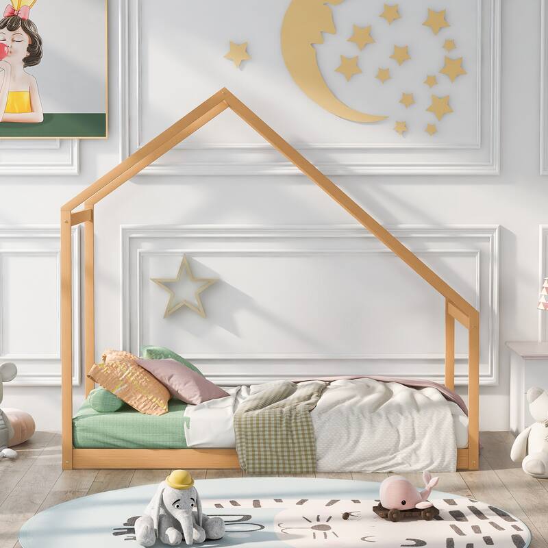 Twin Size Wood House-shaped Canopy Floor Bed