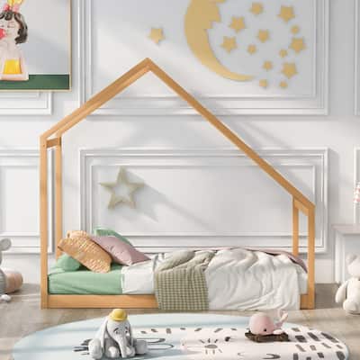 Twin Size Wood House-shaped Canopy Floor Bed