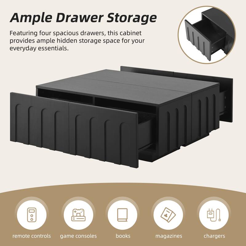 Modern TV Stand for TVs Up to 80", Dual-Purpose Coffee Table with 4 Storage Drawers, Multi-Functional Wood Organizer Cabinet