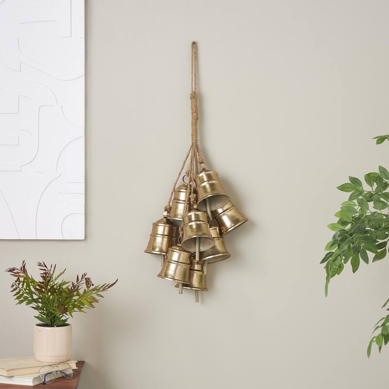 Metal Cascading Cluster Decorative Bells with Jute Hanging Rope - Gold - Roche River Decor