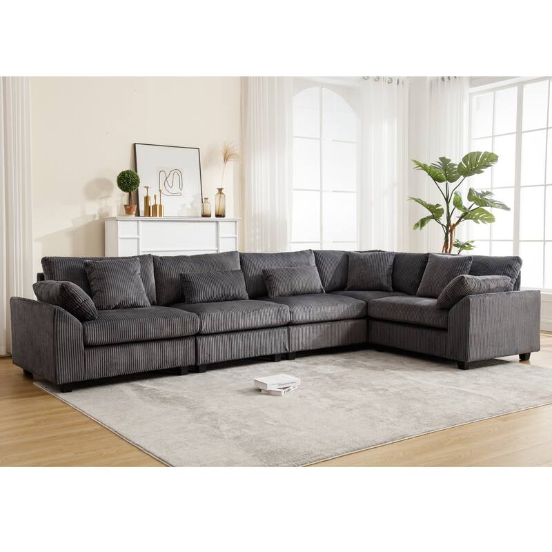 Oversized Modular Sectional Sofa Set, Corduroy Upholstered 5 - Seat Sofa, Dark Gray