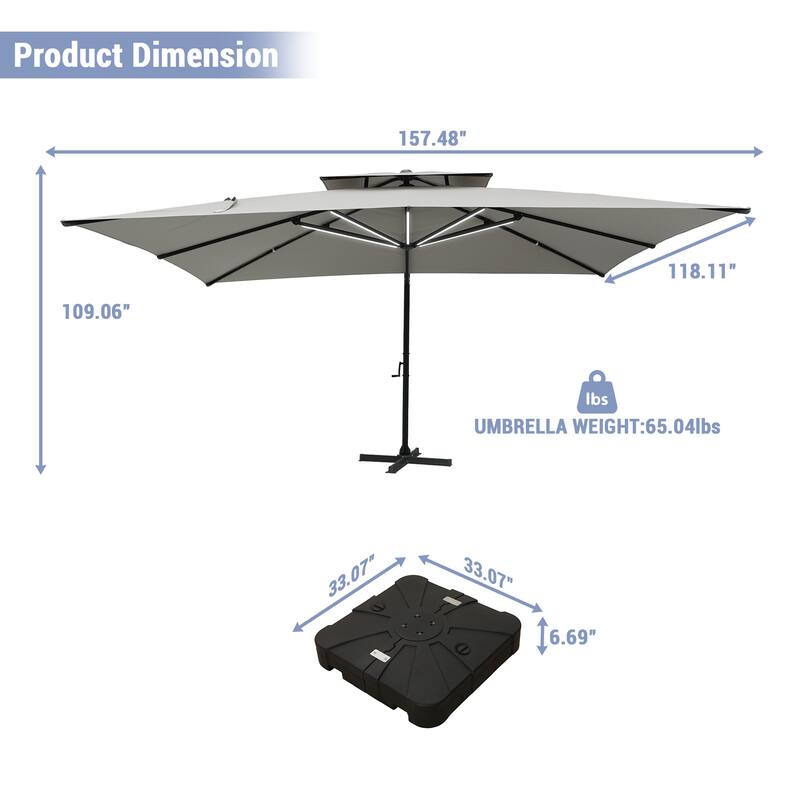 10 x 13ft Rectangular Double Top Cantilever Umbrella with Base & LED Lights