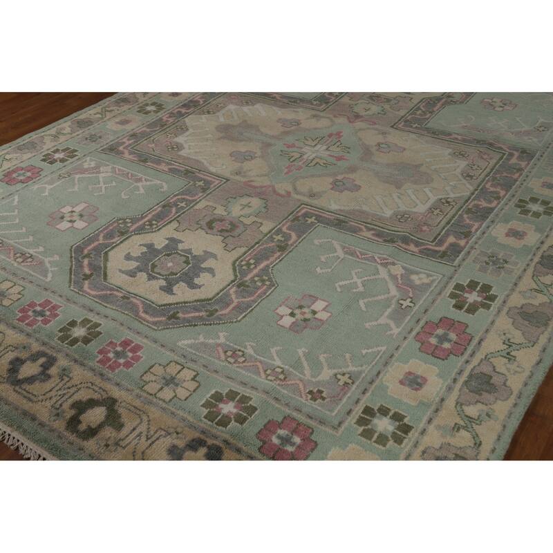 Green Geometric Oushak Indian Area Rug Hand-Knotted Wool Carpet - 7'6" x 10'0"