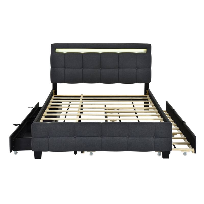 Queen Size Linen Upholstered Platform Bed with Twin XL Trundle and 2 Drawers Wood Storage Bed Frame with LED & Tufted Headboard