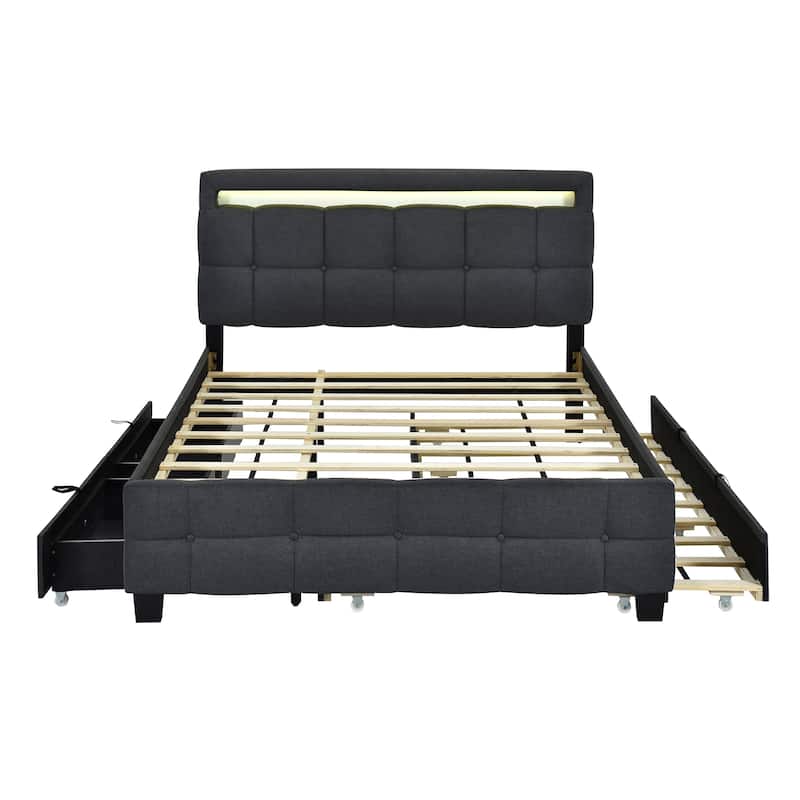 Queen Size Upholstered Platform Bed with LED Lighting and Twin XL Trundle