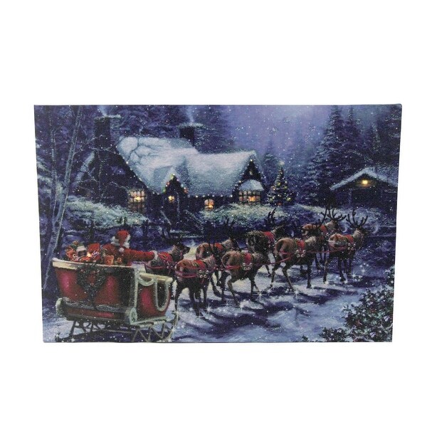 LED Lighted Santa Claus in Sleigh Christmas Canvas Wall Art 15.75" x 23.5" - Blue