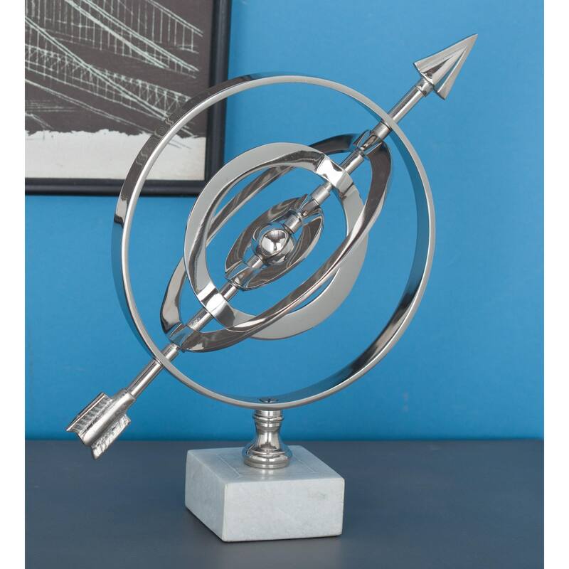 Aluminum Metal Armillary Globe with Marble Base - Silver - Roche River Decor