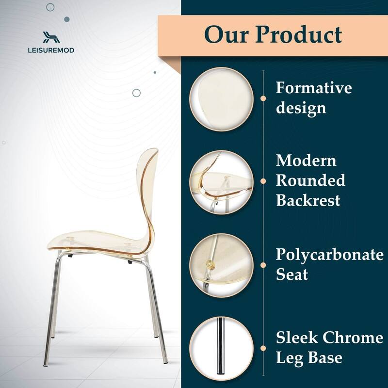 Oyster Modern Stackable Plastic Dining Chair with Curved Backrest and Accent Chrome Legs for Kitchen or Café Use Set of 2