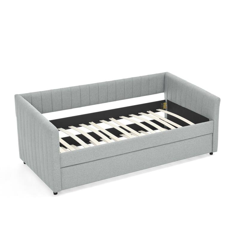 Twin Size Linen Upholstered Daybed with Trundle - Vertical Striped Sofa Bed with Foam Padding