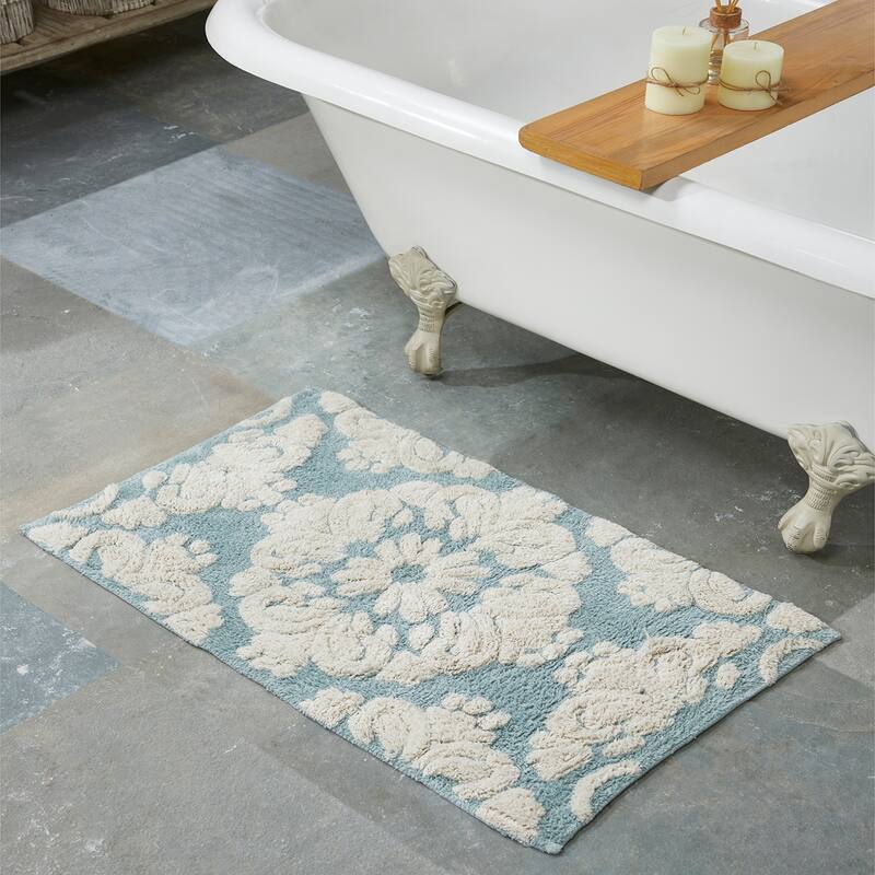 Better Trends Medallion Collection 100% Cotton 2-Pc Set Bathroom Rugs-Soft & Super Absorbent, Non-Skid Latex, Machine Washable - 2 Piece Set (17" x 24" | 21" x 34") - Blue & Natural