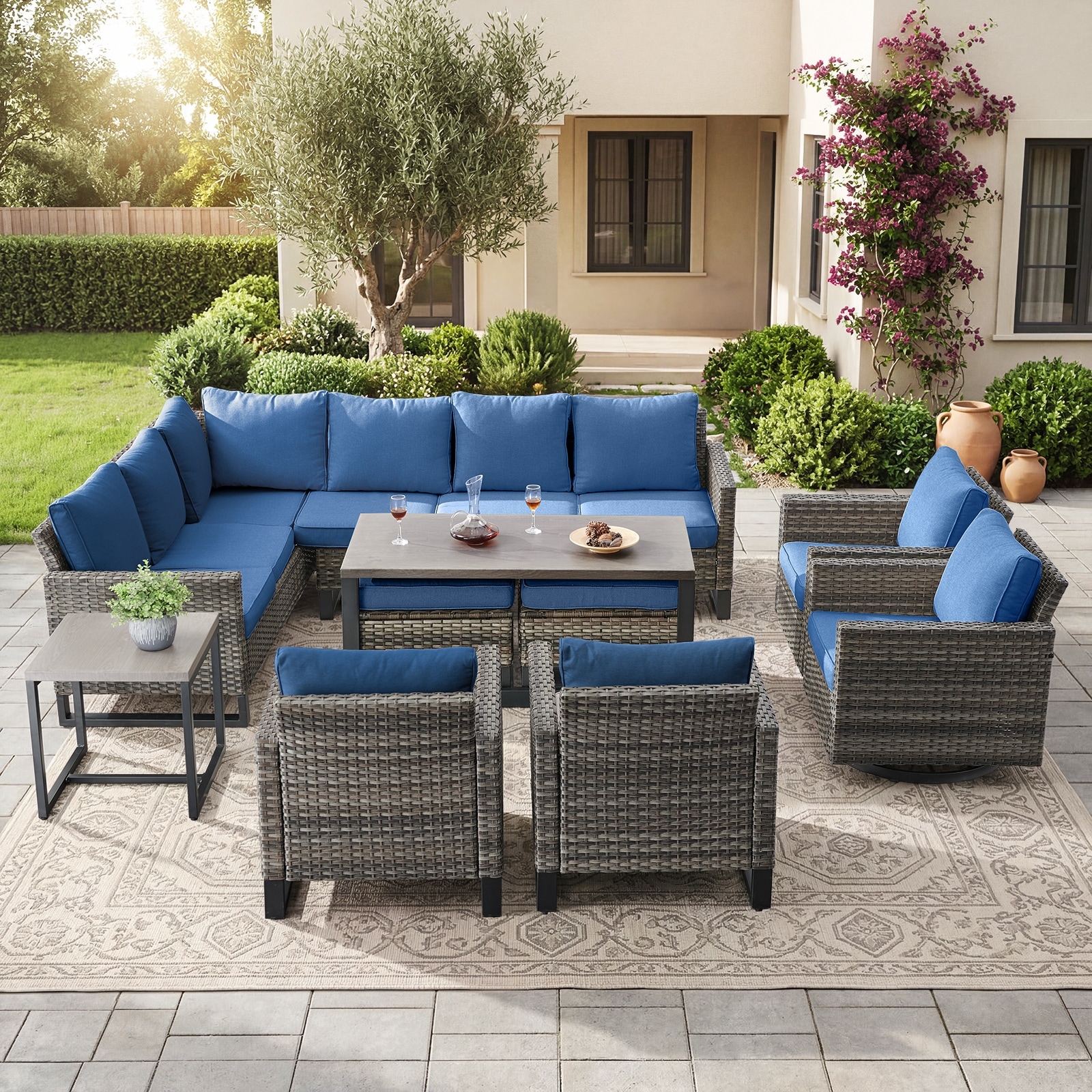 Pocassy Patio Sectional Sofa with Fire Pit Table Conversation Set.