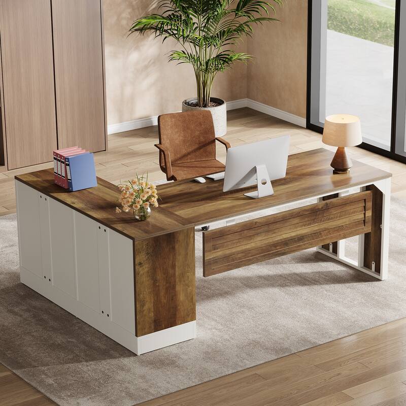 L-Shaped Executive Desk with Cabinet, Large Office Desk Workstation