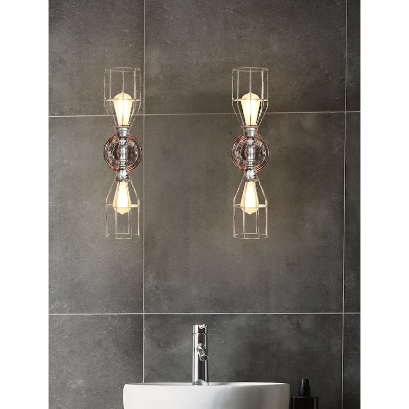 2-Light Water Pipe Wall Sconce with Metal Cages - Antiqued Vintage Industrial Light