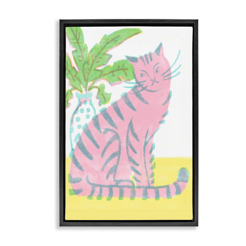 Stupell Modern Pink Cat & Plant Framed Floater Canvas Wall Art Design By Hannah Moren - 21 x 31 - Black