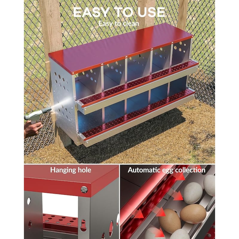 10-Compartment Metal Chicken Nesting Box, Waterproof Egg Laying Box