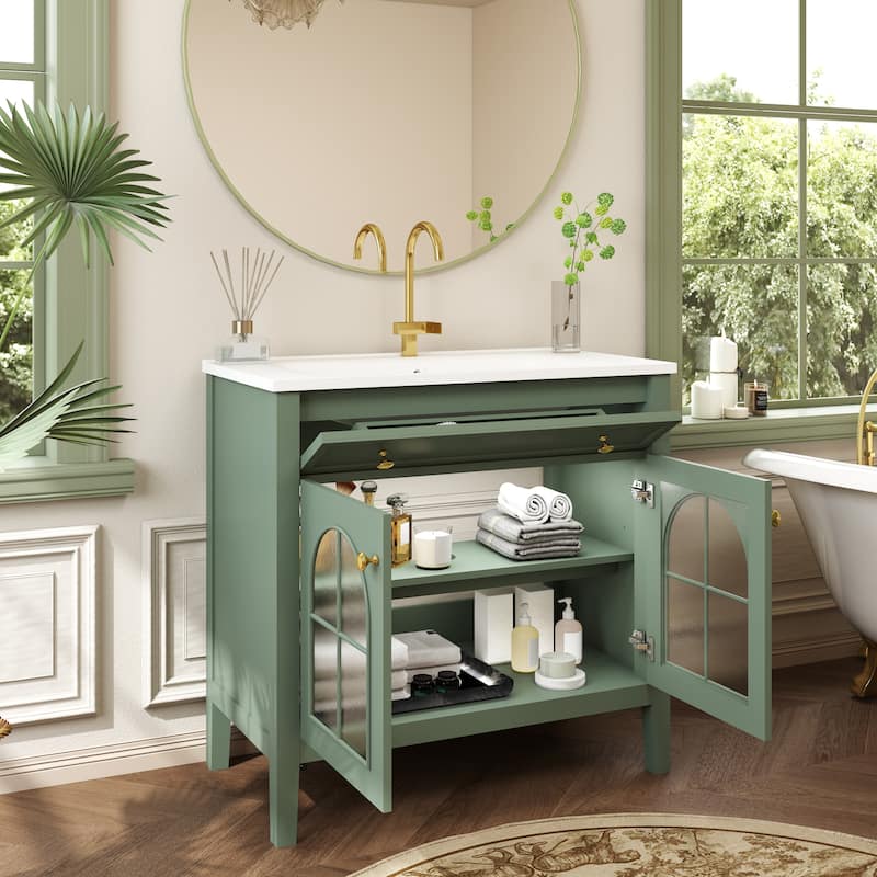 35.6-Inch Mid-Century Bathroom Vanity Sink with Patterned Glass & Motion-Sensor Light, Farmhouse Storage Vanity