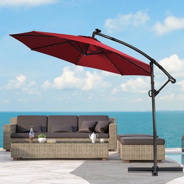 costway 10ft patio umbrella solar powered led 360degrees rotation beige HOMSHADE Cantilever with Base Included, day shade Costway Patio Umbrella Solar Powered