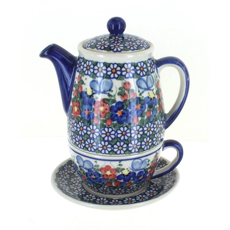 Blue Rose Polish Pottery 380 Vena Tea for One - Garden Butterfly