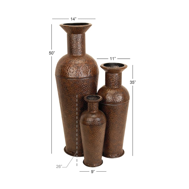 Metal Indoor Outdoor Tall Floor Bottleneck Vase with Bubble Texture and Studs - Set of 3 Dark Brown - Roche River Decor