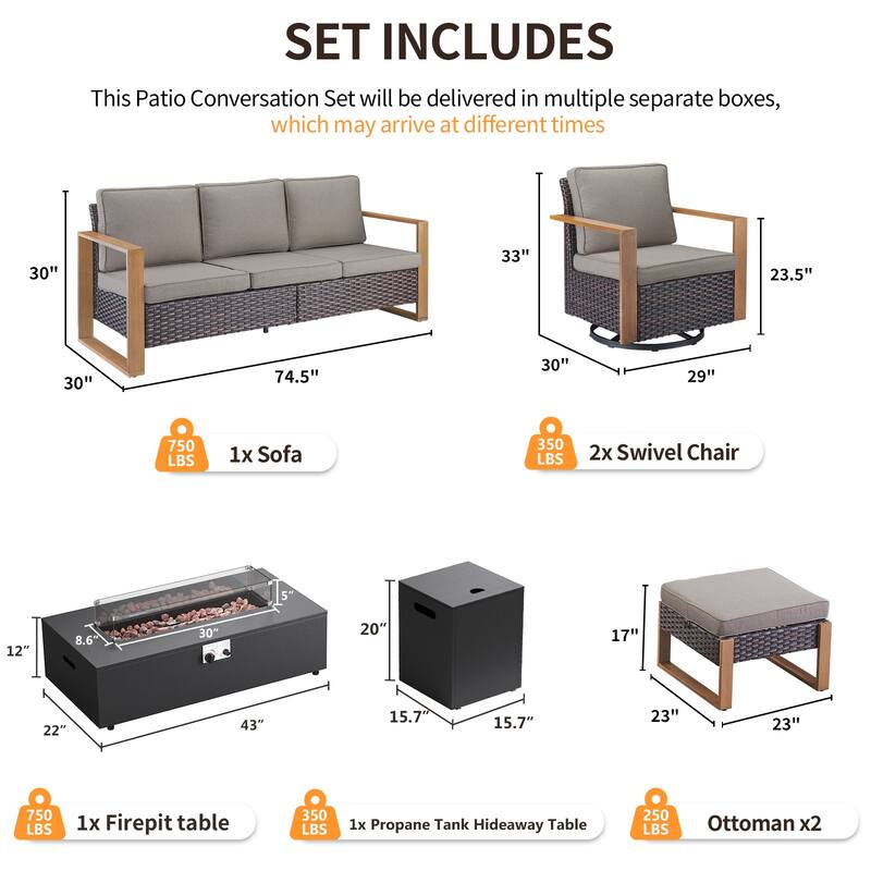 Pocassy Outdoor Sofa Swivel Chair Ottoman w/ 43" Fire Pit Set