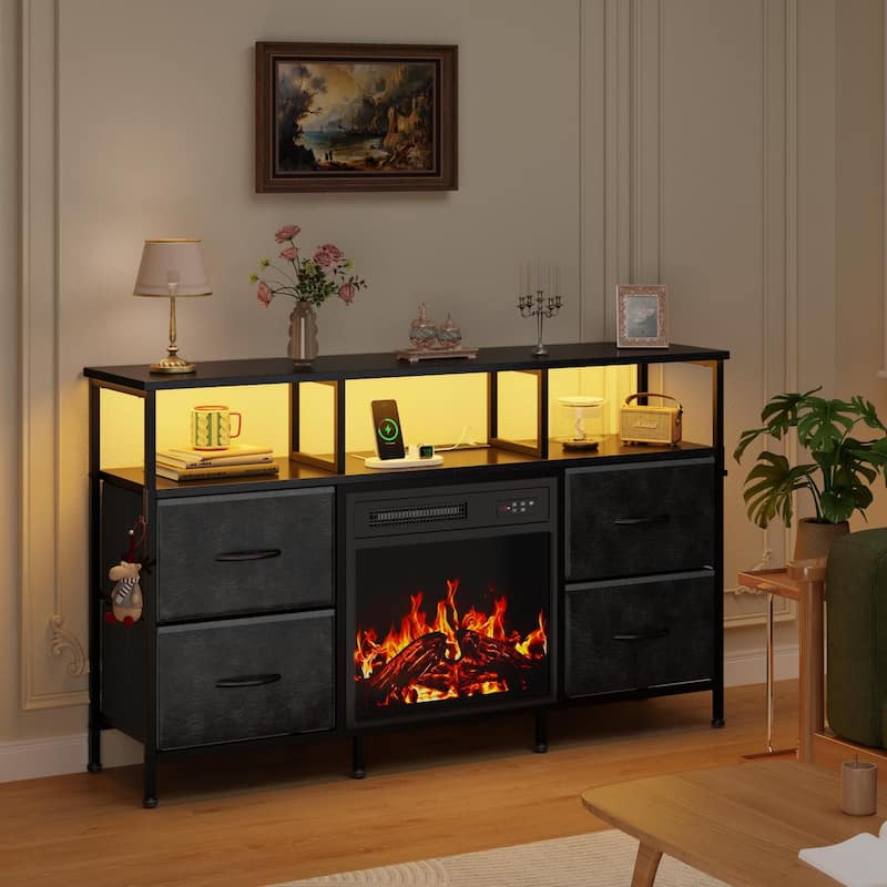 BOSSIN Fireplace TV Stand & Entertainment Center with LED Lights, 4 PU Leather Drawers, Open Shelves, and Built-in Power Outlets