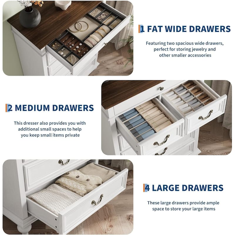 7/9 Drawer Dresser with Jewelry Storage, Rustic Wood Chest with Metal Handles, Vintage Storage Organizer