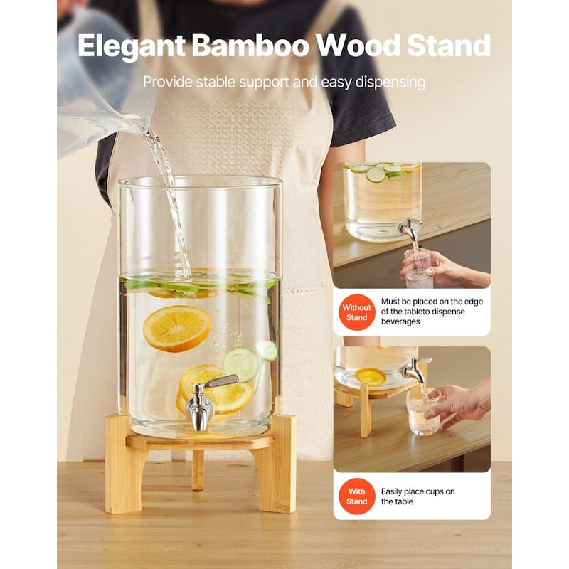 Transparent Borosilicate Glass Beverage Dispenser with Wicker Stand - 9.06” L x 9.06” W x 17.72” H