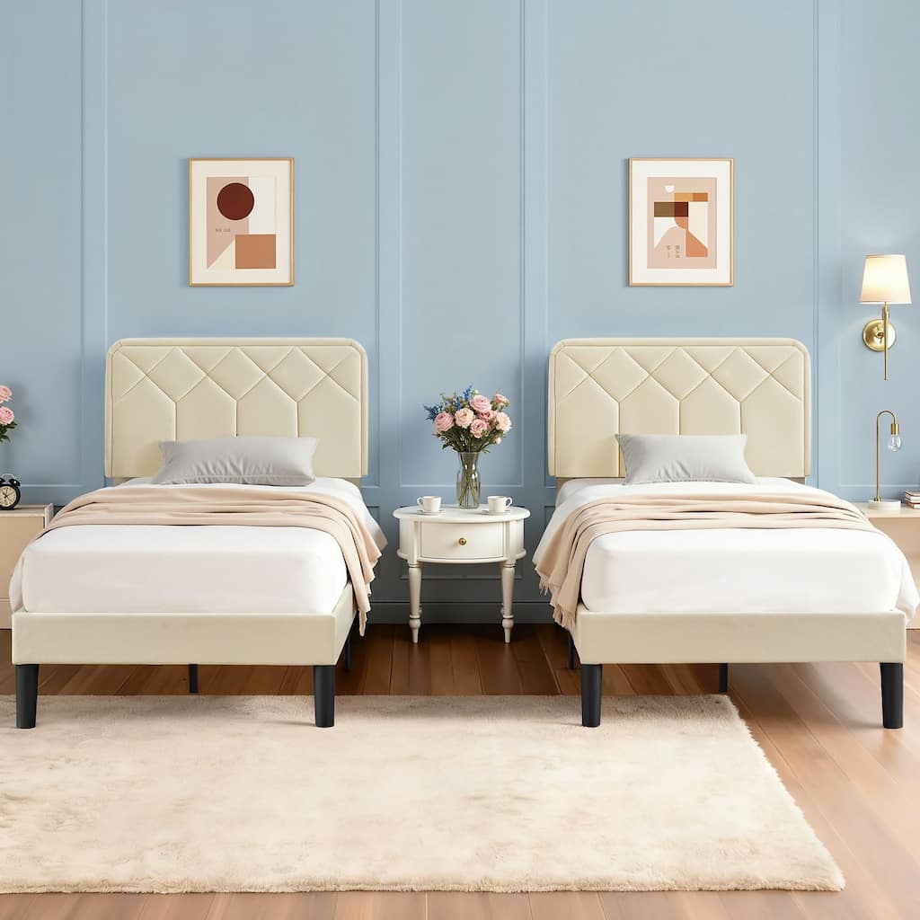 2 Pcs Upholstered Twin Size Platform Bed with Adjustable Headboard Twin Platform Bed Set of 2