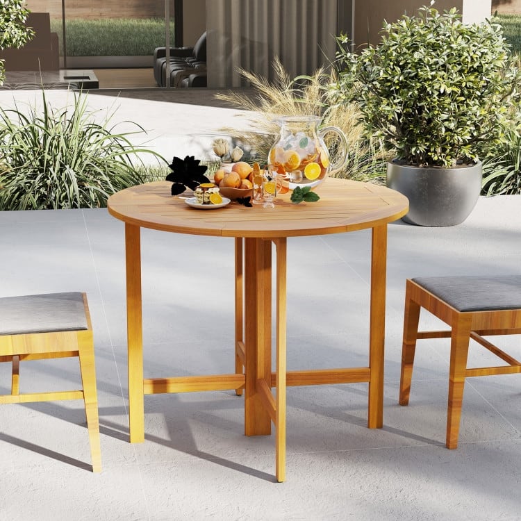 Teak Acacia Wood Round Folding Dining Table 36 inches Slatted Outdoor - 36" x 29.5"