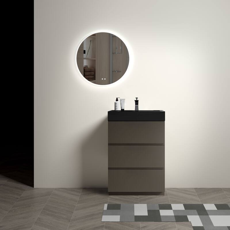 GDFStudio - Alice Walnut Freestanding Bathroom Vanity with One-Piece Matte Black Sink, Modern Handle-Free Design, Pre-Assembled