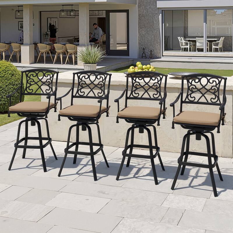 Set of 2/4 Outdoor Cast Aluminum Swivel Bar Stools with Sunbrella Fabric Cushion