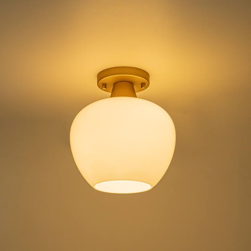 1-Light Gold Dome Flush Mount Ceiling Light with Opal Glass