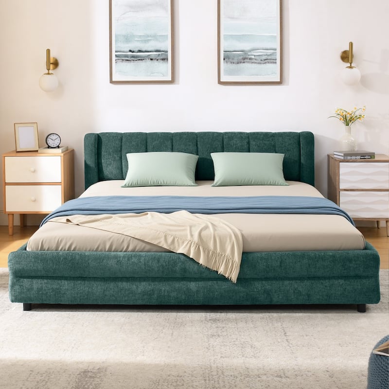 Queen Upholstered Bed Frame with Storage Drawer, Thick Padded Headboard & Solid Frame in Chenille Fabric