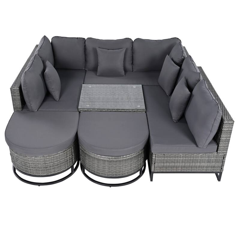 7-Piece Outdoor Wicker Sofa Set with Tempered Glass Coffee Table and Removable Cushions